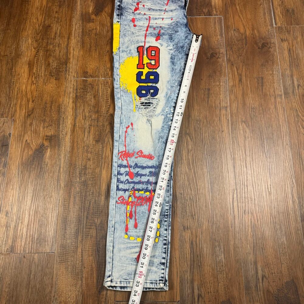 Rue 21 34 x 34 Premium Supreme Flex Skinny jean graffiti paint acid wash - Picture 5 of 13